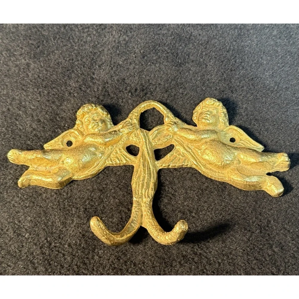 Vintage Brass Cherub Wall Hook - Ornate Cupid Double Key & Towel Hanger